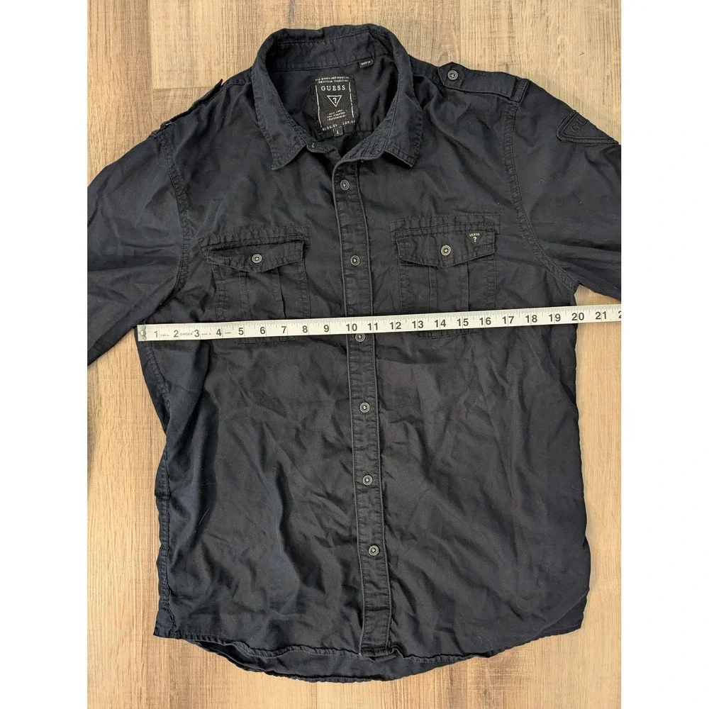 Guess Men's Military Utility Button Up Shirt Black Large Epaulets Cotton